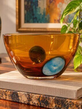 Waterford Evolution Art Glass Bowl 8" Amber Turquoise Blue Dot Oval Signed